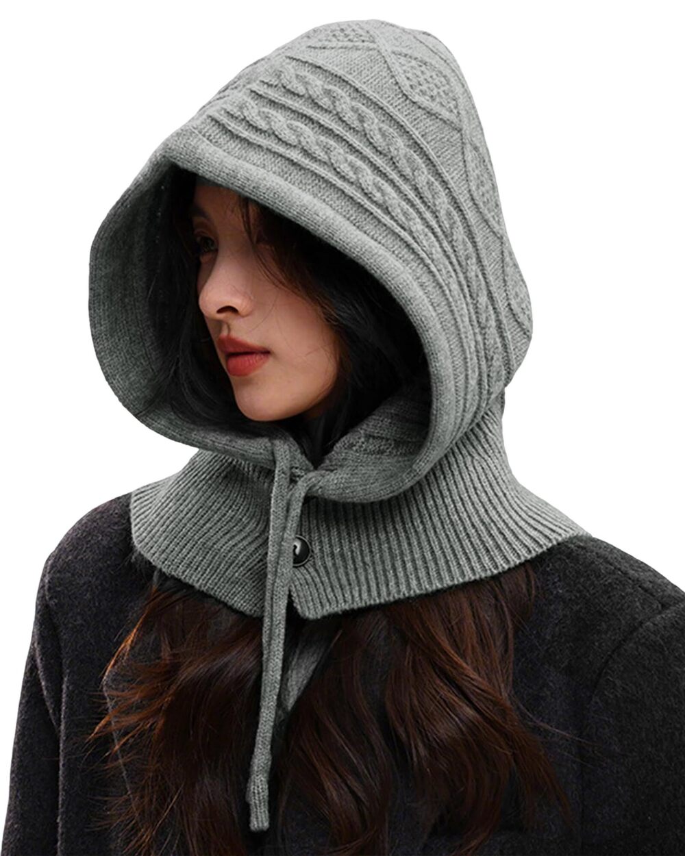 7504 Knitted Balaclava Drawstring Hooded Scarf Hat Beanie Skull Cap Winter